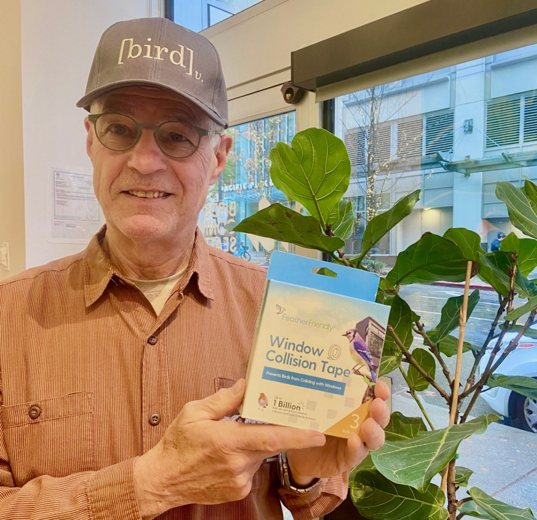 Photo features a man wearing a pale orange shirt, grey hat, holding a small box while standing in front of a plant and large window.