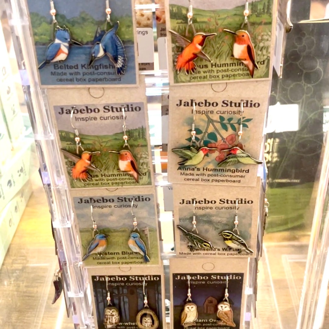 Photo features a collection of eight different pairs of bird-themed earrings.