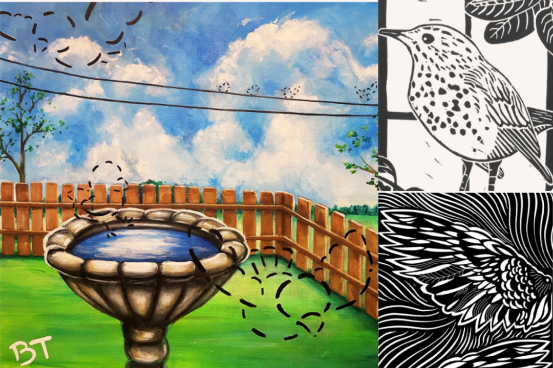Image features three works of art centered around bird conservation. One shows a painting of a birdbath in a yard with the outlines of birds now vanished. On the right side of the image shows two block print style designs, one featuring a small bird, and one featuring a bird wing.