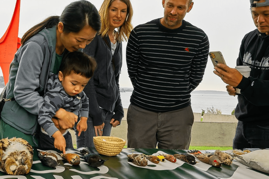 A Black woman in a green jacket sits behind a table. She holds out a museum specimen of a bird for a group of young people to see.
