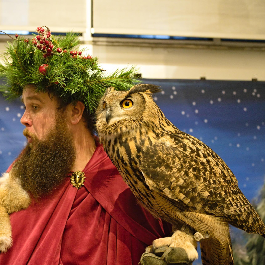 Photo features a man dressed in a red cloak and holiday headdress holding a large live owl.